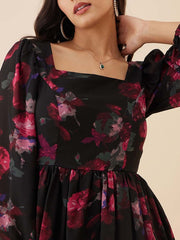 Black Floral Printed Fit & Flare Dress