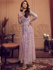 Floral Embroidered Keyhole Neck Long Sleeve High Slit Thread Work Kurta Set