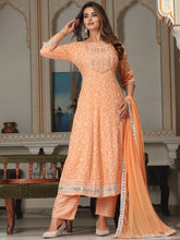 Floral Printed Mirror Work Anarkali Kurta & Trousers With Dupatta