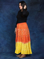 Paprika And Lemon Bandhani Tie-Dye Pure Cotton Skirt with Large Sequins