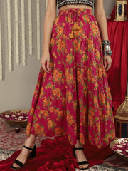 Women Pink & Mustard-Yellow Printed Tiered Skirt With Lace Detailing