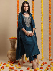 Ethnic Motifs Embroidered Round Neck Straight Kurta With Trouser And Dupatta
