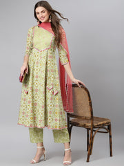 Women Green & Pink Printed Pure Cotton Kurta with Palazzos & Dupatta