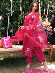 Floral Printed V-Neck Straight Kurta With Palazzos And Dupatta