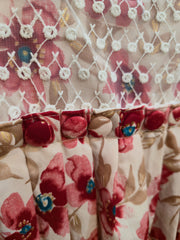 Floral Beige Top with Embroidered Sheer Yoke