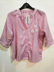 Blush Pink Striped Cotton Blouse with Floral Embroidery