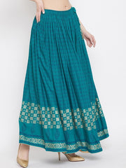 Women Teal Blue & Gold-Colored Geometric Printed Flared Maxi Skirt