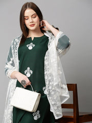 Women Green Ethnic Motifs Embroidered Thread Work Kurta with Palazzo & Dupatta