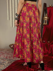 Women Pink & Mustard-Yellow Printed Tiered Skirt With Lace Detailing