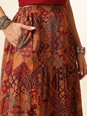 Maroon Boat Neck Sleeveless Pure Cotton Crop Top & Skirt