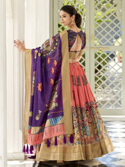 Kalamkari Printed Semi-Stitched Lehenga & Unstitched Blouse With Dupatta