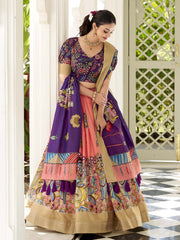 Kalamkari Printed Semi-Stitched Lehenga & Unstitched Blouse With Dupatta