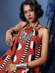 Printed Halter Neck Tie-Ups Pure Cotton Bagru A-Line Ethnic Dresses