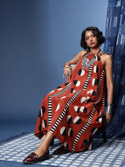 Printed Halter Neck Tie-Ups Pure Cotton Bagru A-Line Ethnic Dresses
