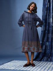 Printed Hooded Tie-Ups Ajrakh A-Line Dress