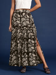 Floral Printed Cotton Maxi Flared Skirt
