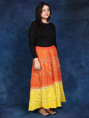 Paprika And Lemon Bandhani Tie-Dye Pure Cotton Skirt with Large Sequins