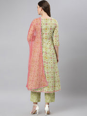 Women Green & Pink Printed Pure Cotton Kurta with Palazzos & Dupatta
