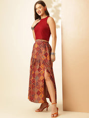 Maroon Boat Neck Sleeveless Pure Cotton Crop Top & Skirt