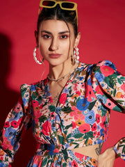 Blue Floral Printed Cut Out Crepe Maxi Dress