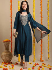 Ethnic Motifs Embroidered Round Neck Straight Kurta With Trouser And Dupatta