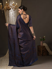 Navy Blue & Gold-Toned Woven Design Zari Silk Blend Banarasi Sarees