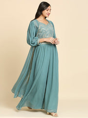 Teal & Gold-Toned Embellished Ready to Wear Lehenga Choli with Jacket