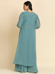 Teal & Gold-Toned Embellished Ready to Wear Lehenga Choli with Jacket