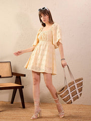 Beige Self Design Schiffli Square Neck Flared Sleeve Pure Cotton A-Line Dress