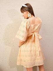 Beige Self Design Schiffli Square Neck Flared Sleeve Pure Cotton A-Line Dress