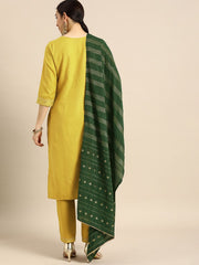 Women Mustard Yellow Yoke Design Foil Printed Kurta with Trousers & Dupatta