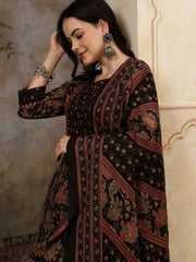 Black Floral Printed Pure Cotton Anarkali Kurta With Trousers & Dupatta