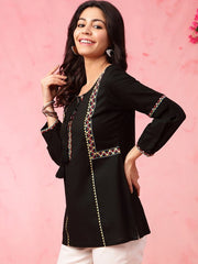Black Geometric Embroidered Tie Up Neck Pure Cotton Kurti