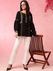 Black Geometric Embroidered Tie Up Neck Pure Cotton Kurti