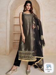 Black Woven Design Thread Work & Zari Straight Kurta & Trousers With Dupatta