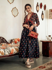 Black & Orange Ethnic Motifs Printed Maxi Dress