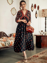 Black & Orange Ethnic Motifs Printed Maxi Dress