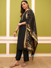 Black Round Neck Floral Regular Straight Kurta with Palazzos & With Dupatta