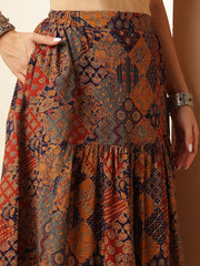 Maroon Geometric Printed Boat Neck Sleeveless Pure Cotton Crop Top With Slit Skirt