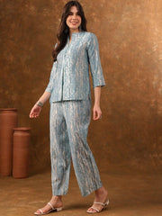 Blue Printed Top With Straight Fit Trousers