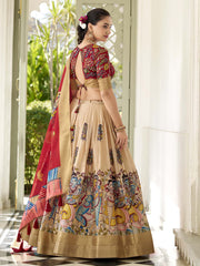 Kalamkari Printed Ready to Wear Lehenga & Unstitched Blouse With Dupatta