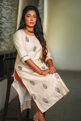 Classic Beige Kurta with Black Handblock Print