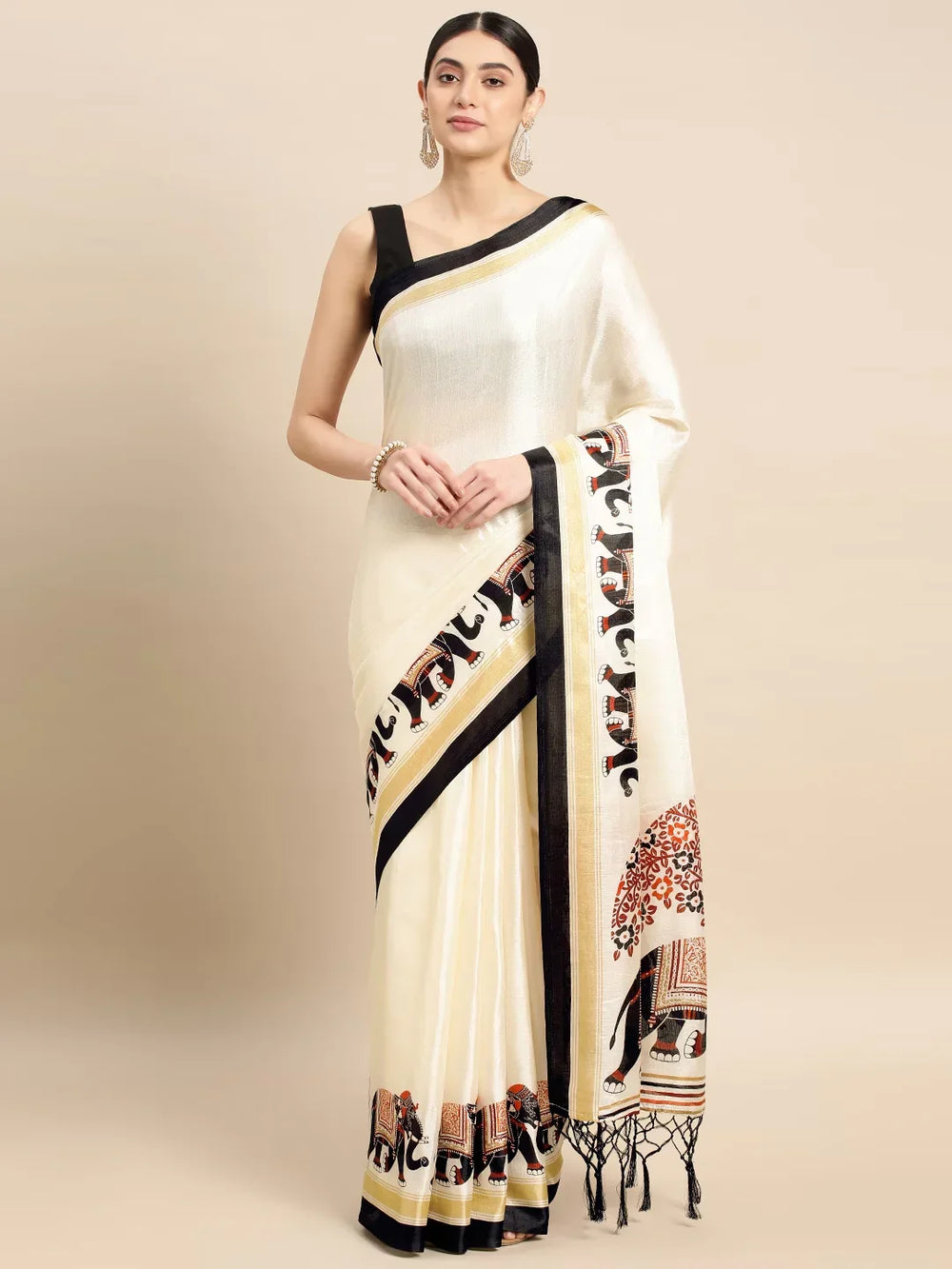 Ethnic Motifs Silk Blend SareeSareeThis festive saree boasts ethnic motifs, perfect for occasions steeped in cultural celebration. Its striped border adds a touch of traditional charm, enhancing its aEthnic Motifs Silk Blend Saree