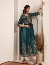 Ethnic Motifs Embroidered A-Line Kurta With DupattaKurta SetsThis elegant dress features three-quarter sleeves and an A-line shape, offering a flattering and comfortable fit. The round neck adds a classic touch to the design, Ethnic Motifs Embroidered