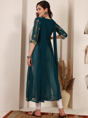 Ethnic Motifs Embroidered A-Line Kurta With DupattaKurta SetsThis elegant dress features three-quarter sleeves and an A-line shape, offering a flattering and comfortable fit. The round neck adds a classic touch to the design, Ethnic Motifs Embroidered