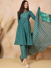 Ethnic Motifs Printed Pure Cotton Kurta & Trousers With Dupatta