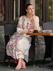 Floral Embroidered Thread Work A-Line Kurta With Trousers & Dupatta
