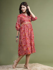 Floral Printed Mirror Work Cotton Fit & Flare Midi Ethnic Dress