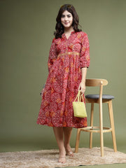 Floral Printed Mirror Work Cotton Fit & Flare Midi Ethnic Dress