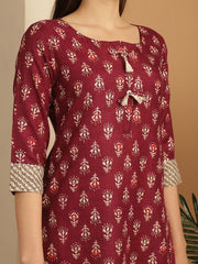 Floral Printed Regular Cotton Straight Kurta With Trousers & Dupatta